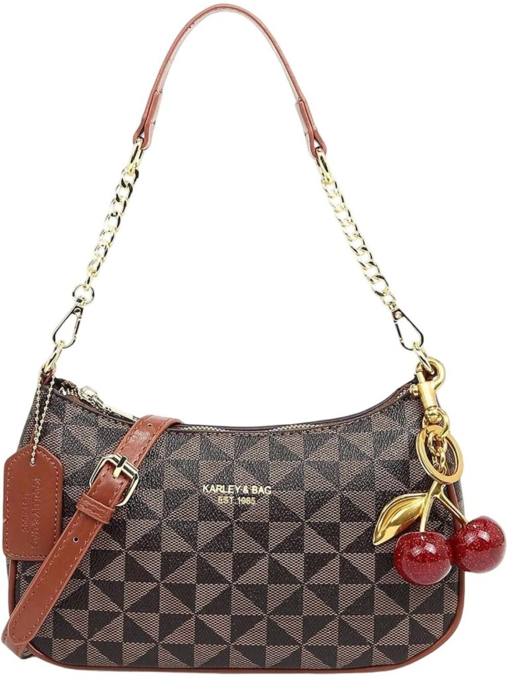 👜Women's Brown Cherry PU Leather Gold Chain Hobo Shoulder Bag Zipper Handbag